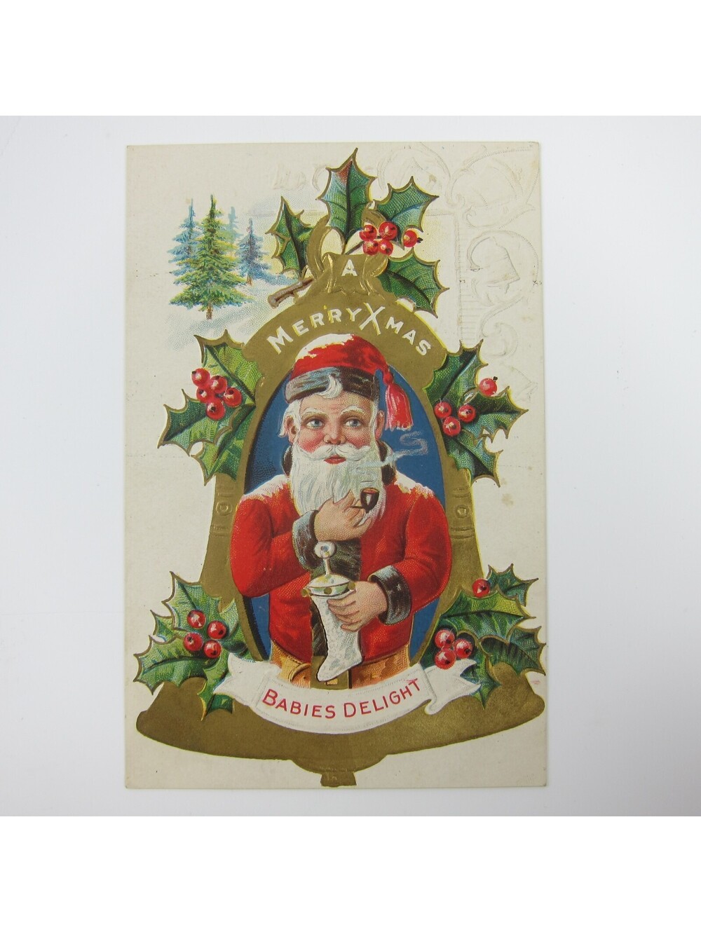 Vintage Christmas Postcard Santa Smoke Pipe Stocking Gold Bell Embossed Antique